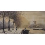 Unsigned, watercolour,  DUTCH CANAL SCENE WITH WINDMILL framed and mounted, 13cm x 24cm