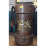 A late 19th century leather cannonball holder with a depiction of the Royal Family coat of arms