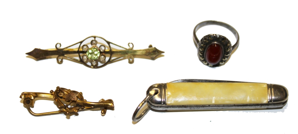 Two gold bar brooches, a ring and a pen knife