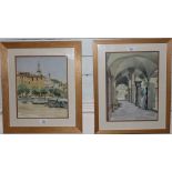 Amy F. Green, watercolours,  OLD MARKET PLACE framed and mounted, 35cm x 26cm and  CONTINENTAL