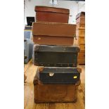 A set of five vintage suitcases, to include a hat box