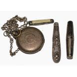 A silver pocket watch and chain, one penknife, a cork screw, etc