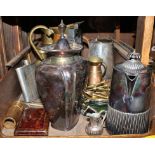 An assortment of silver plated and metal household items, to include tea pots, jugs, etc