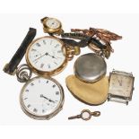 A silver pocket watch and gold plated Waltham pocket watch, as found, together with a lady's fob