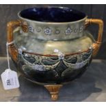 A Doulton stoneware three handled cauldron, glazed body with applied rosettes to the neck, applied