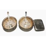 A pair of silver salts complete with salt spoons (dates not matching) and a silver vesta case (2)