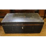 A vintage wooden-framed oblong travelling trunk, or chest, with lift up lid, lined interior with