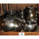 A wide selection of silver plate, to include tea pots, coffee pots, jugs, sugar bowls, etc