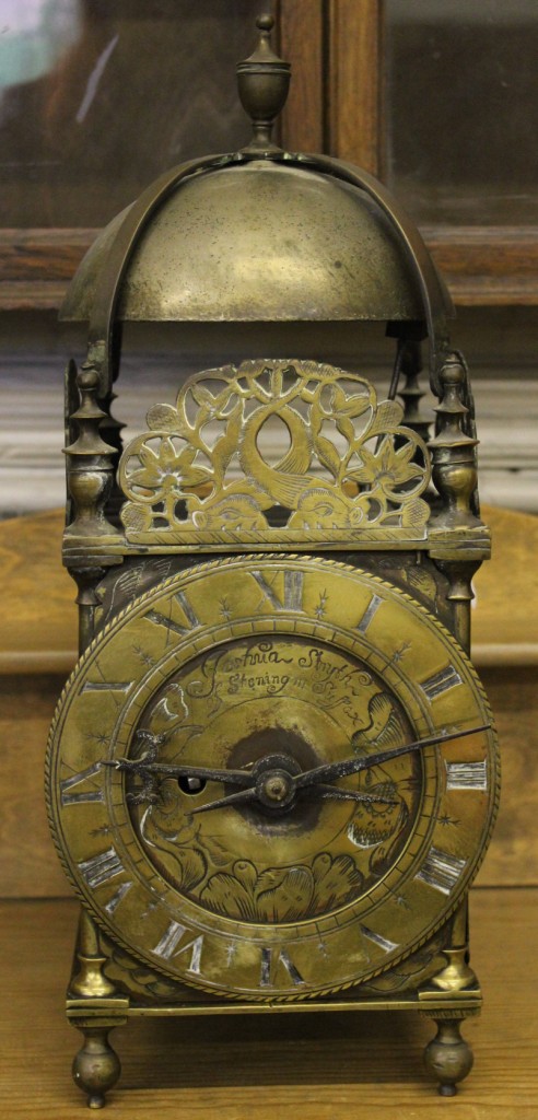 A 17th century brass lantern clock by 'Joshua Smyth of Steyning in Suffolk' with circular dial, Rom