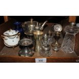 A broad range of silver plated items, to include tea pot, condiment sets, etc and an early 20th