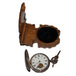 A treen pocket watch stand and silver pocket watch, as found (2)