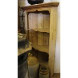 An old pine corner unit with shaped cornice and three shelves, 112H x 72W x 42cmD