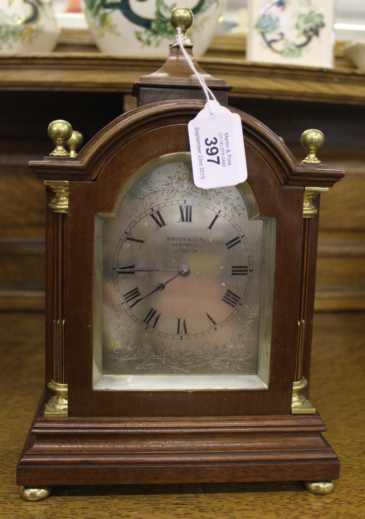 A Brook and Son, Cornhill, London mahogany cased dome topped mantle clock with brass finials,