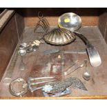 An assortment of silver plated household items, to include a punch ladle, toast rack, cloisonne,