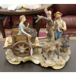 Capodimonte figurine  'La Vendemmia' depicting a gent, young boy and donkey on a stylized base, 30cm