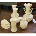 A selection of early 20th century Belleek green-mark vases and ornaments, (6)