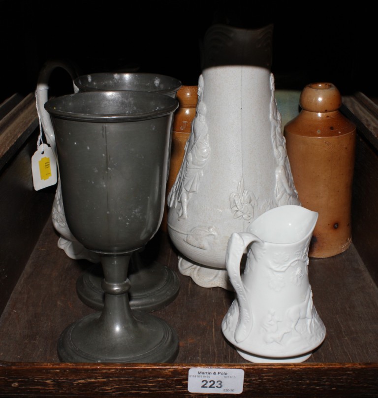 Two saltglaze jugs, two stoneware bottles, two pewter goblets and other ceramics