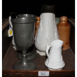 Two saltglaze jugs, two stoneware bottles, two pewter goblets and other ceramics