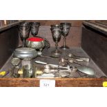 Silver plate goblets, salt spoons and sugar tongs