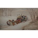 E. Cook, watercolour of a stagecoach stuck in a snowy landscape