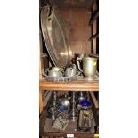 Silver plate candlestick, water jug, teapot and table wares