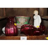 Two cranberry coloured glass vases porcelain pieces, and a Royal Doulton angel