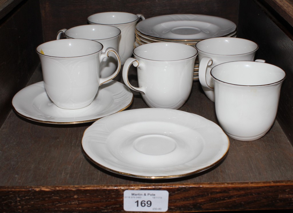 Six Royal Albert Tiara tea cups, saucers and plate