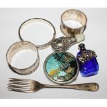 Two silver napkin rings, butterfly wing compact, silver bangle, etc