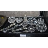 Eight cut glass salts all with silver-plate spoons and six silver-plated sugar tongs