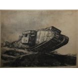 Lithograph of two First World War tanks, dedicated to General Marshall Wills from David Muirhead '