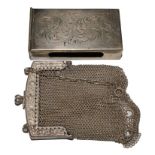 A silver mesh purse and a silver plated matchbox holder