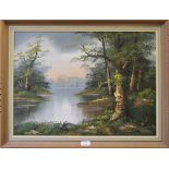 Unsigned, oleograph,  LAKESIDE SCENE framed and mounted, 44cm x 60cm