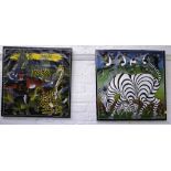 A pair of African Tinga art oil paintings - Zebra's by Abdallah 2002 and wild animals by Sufian,