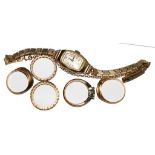 Five gem set rings and a ladies 1930's gold wristwatch