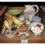 Assorted ceramics including Royal Doulton flower spray, Winton, Wedgwood and bisque birds