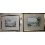 Two watercolours, one double sided of church scenes, both framed and glazed, 19cm x 23cm and 16cm