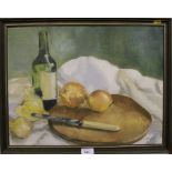 Oil on canvas, still life, onions and bottle, signed J.R. Downing, framed, 36cm x 47cm