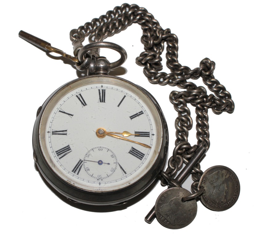 Silver pocket watch, double Albert