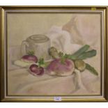 Oil on canvas, still life, vegetables study, signed J.R. Downing, framed, 43cm x 49cm