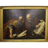 An 18th century oil painting of two scribes, 103cm x 153cm