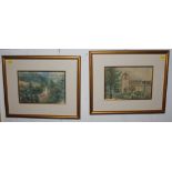 Three watercolours of church scenes, all 16cm x 24cm, all framed and glazed; and 'Orwell Church' oil