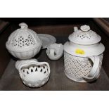 Leeds creamware pottery teapot, plates, bowl, basket and dish