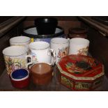 A collection of commemorative mugs, a Wedgwood bowl, etc