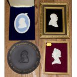 Wedgwood Sir Winston Churchill jasper plaque in case, black basalt plaque, two other bisque pieces