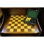 Jaques mahogany inlaid chess board together with Jaques cased chess set