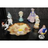 Royal Worcester, Mob Cap, young girl, and Punch snuffers, Dinky Do figure, blush shell shape bowl