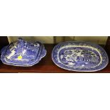A blue and white painted Tams ware meat platter and tureen with cover