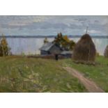 * SEMENYUK, YURI (1922-2006) Evening by the River, titled in Cyrillic on the reverse. Oil on