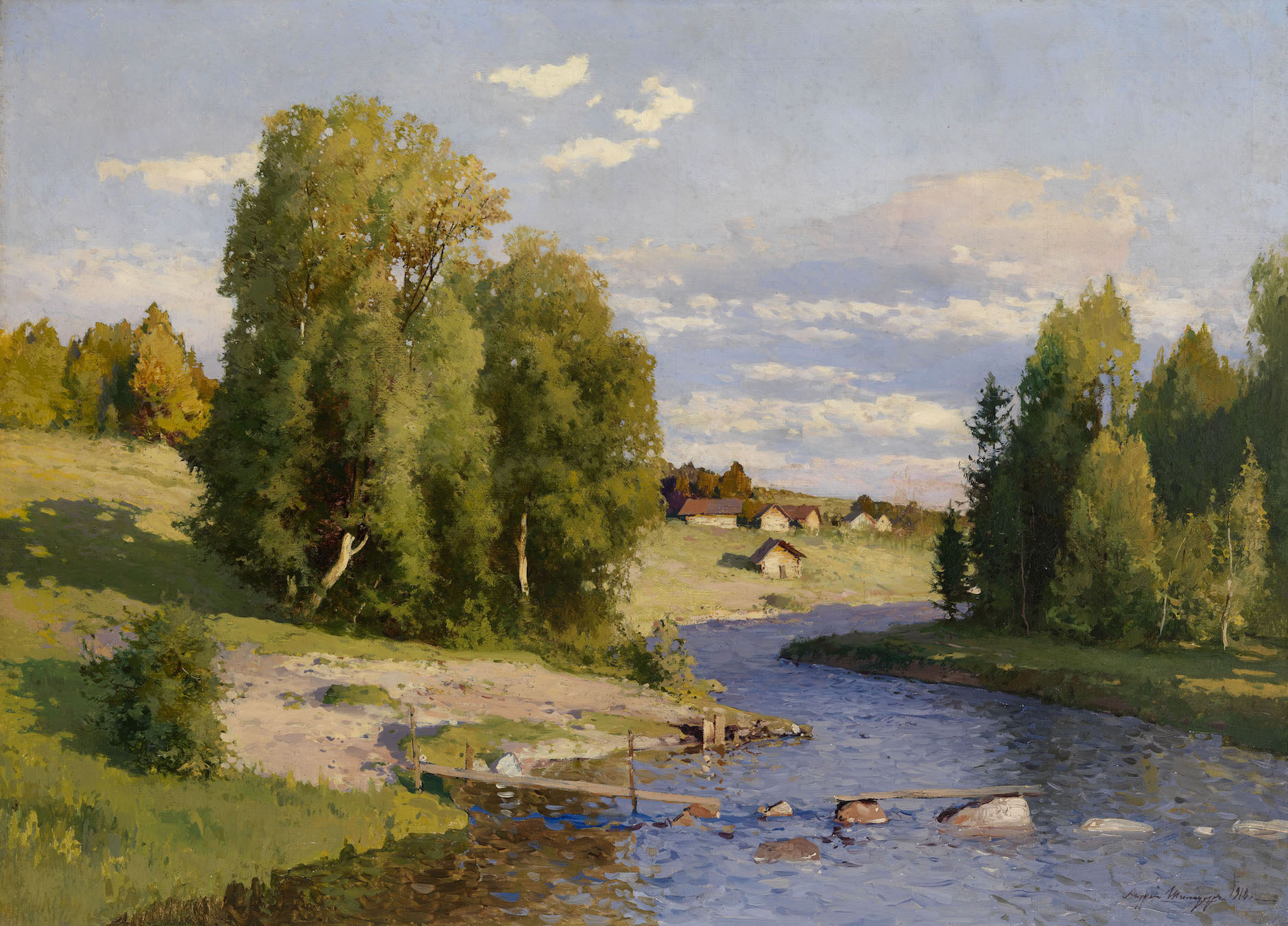 SHILDER, ANDREI (1861-1919) Summer Landscape with a River , signed and dated 1918. Oil on canvas, 73