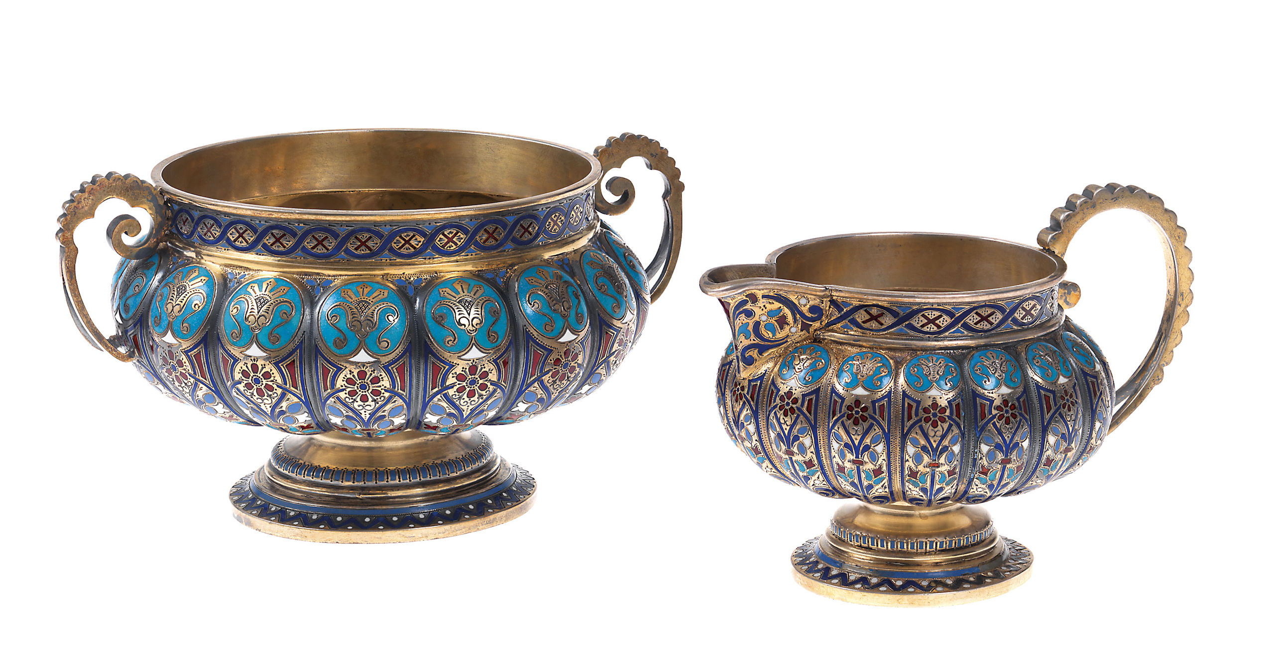 * A Russian Silver-Gilt and Cloisonné Enamel Sugar Bowl and a Creamer   MAKER’S MARK ‘AK’ IN